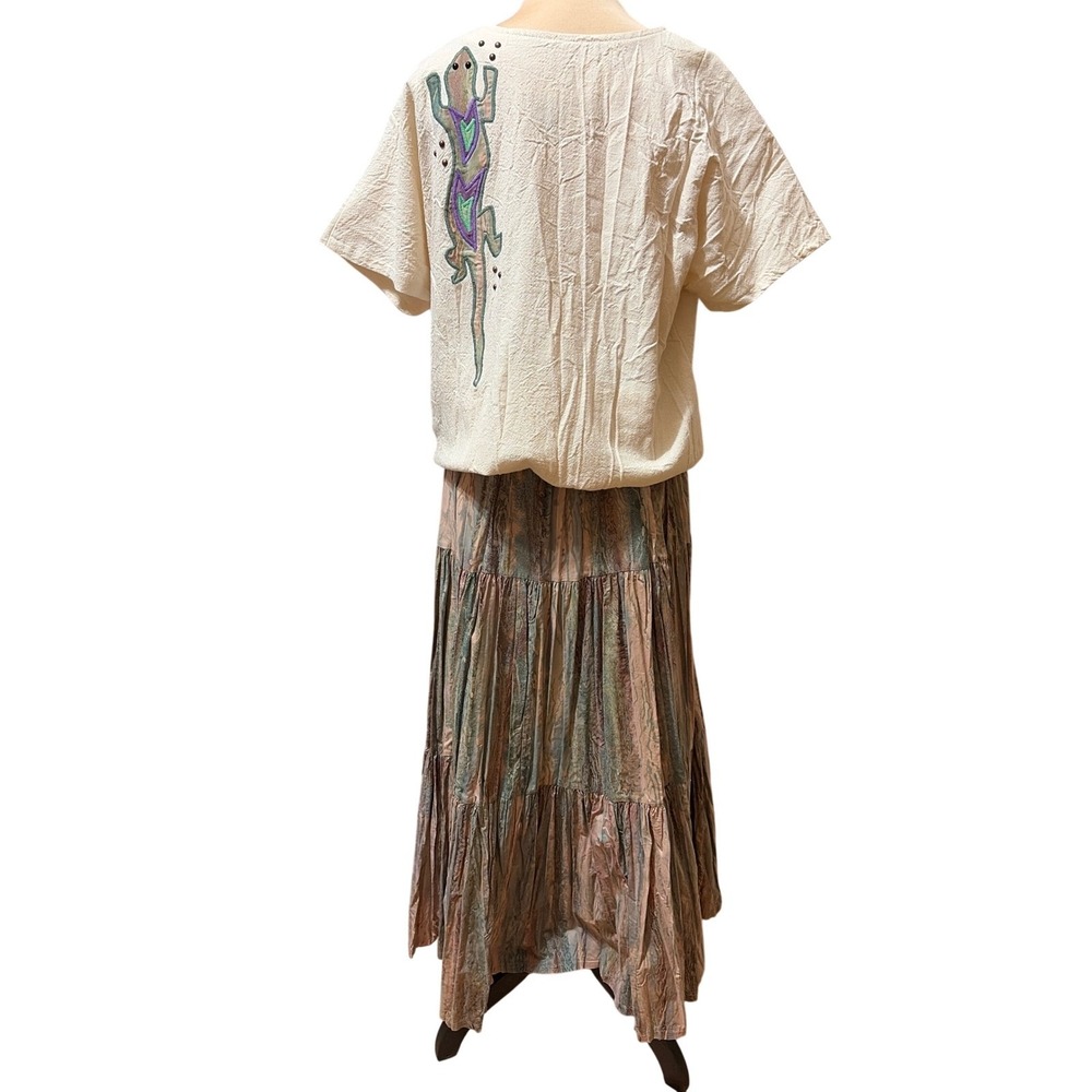 Vtg Alfredo's Wife XS Southwestern Gecko Appliqué Tie Dye Broomstick Skirt Set - Picture 4 of 12